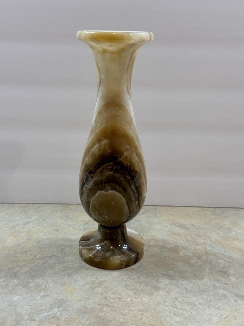 Vintage Banded Onyx Stone Vase 9” Hand Carved Polished Marble Pedestal Cream